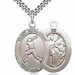 Men's Pewter Oval St. Sebastian Baseball Medal - 24&quot; 2.4mm Rhodium Plate Chain + Clasp
