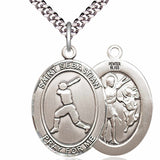 Men's Pewter Oval St. Sebastian Baseball Medal - 24&quot; 2.4mm Rhodium Plate Chain + Clasp