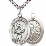 Men's Pewter Oval St. Sebastian Baseball Medal - 24&quot; 2.4mm Rhodium Plate Chain + Clasp