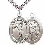 Men's Pewter Oval St. Sebastian Golf Medal - 24&quot; 2.4mm Rhodium Plate Chain + Clasp