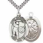 Men's Pewter Oval St. Sebastian Golf Medal - 24&quot; 2.4mm Rhodium Plate Chain + Clasp