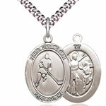 Men's Pewter Oval St. Sebastian Ice Hockey Medal - 24&quot; 2.4mm Rhodium Plate Chain + Clasp