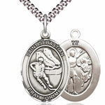 Men's Pewter Oval St. Sebastian Ice Hockey Medal - 24&quot; 2.4mm Rhodium Plate Chain + Clasp