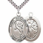 Men's Pewter Oval St. Sebastian Martial Arts Medal - 24&quot; 2.4mm Rhodium Plate Chain + Clasp
