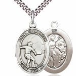 Men's Pewter Oval St. Sebastian Soccer Medal - 24&quot; 2.4mm Rhodium Plate Chain + Clasp
