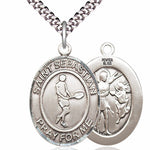 Men's Pewter Oval St. Sebastian Tennis Medal - 24&quot; 2.4mm Rhodium Plate Chain + Clasp