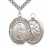 Men's Pewter Oval St. Sebastian Tennis Medal - 24&quot; 2.4mm Rhodium Plate Chain + Clasp