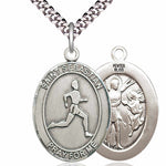 Men's Pewter Oval St. Sebastian Track and Field Medal - 24&quot; 2.4mm Rhodium Plate Chain + Clasp