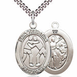 Men's Pewter Oval St. Sebastian Wrestling Medal - 24&quot; 2.4mm Rhodium Plate Chain + Clasp
