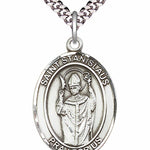 Men's Pewter Oval St. Stanislaus Medal - 24&quot; 2.4mm Rhodium Plate Chain + Clasp