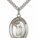 Men's Pewter Oval St. Stephen the Martyr Medal - 24&quot; 2.4mm Rhodium Plate Chain + Clasp
