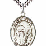 Men's Pewter Oval St. Susanna Medal - 24&quot; 2.4mm Rhodium Plate Chain + Clasp