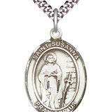Men's Pewter Oval St. Susanna Medal - 24&quot; 2.4mm Rhodium Plate Chain + Clasp