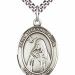 Men's Pewter Oval St. Teresa of Avila Medal - 24&quot; 2.4mm Rhodium Plate Chain + Clasp