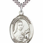 Men's Pewter Oval St. Therese of Lisieux Medal - 24&quot; 2.4mm Rhodium Plate Chain + Clasp