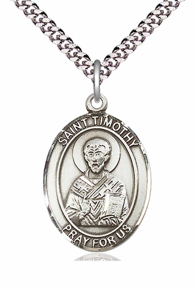 Men's Pewter Oval St. Timothy Medal - 24&quot; 2.4mm Rhodium Plate Chain + Clasp