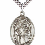 Men's Pewter Oval St. Ursula Medal - 24&quot; 2.4mm Rhodium Plate Chain + Clasp