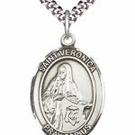 Men's Pewter Oval St. Veronica Medal - 24&quot; 2.4mm Rhodium Plate Chain + Clasp