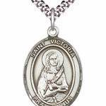 Men's Pewter Oval St. Victoria Medal - 24&quot; 2.4mm Rhodium Plate Chain + Clasp