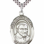 Men's Pewter Oval St. Vincent de Paul Medal - 24&quot; 2.4mm Rhodium Plate Chain + Clasp