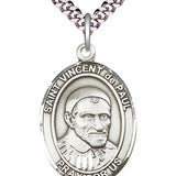 Men's Pewter Oval St. Vincent de Paul Medal - 24&quot; 2.4mm Rhodium Plate Chain + Clasp
