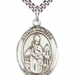 Men's Pewter Oval St. Walter of Pontnoise Medal - 24&quot; 2.4mm Rhodium Plate Chain + Clasp