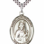 Men's Pewter Oval St. Wenceslaus Medal - 24&quot; 2.4mm Rhodium Plate Chain + Clasp
