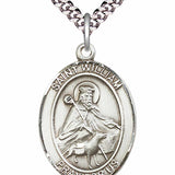 Men's Pewter Oval St. William of Rochester Medal - 24&quot; 2.4mm Rhodium Plate Chain + Clasp