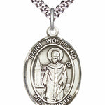 Men's Pewter Oval St. Wolfgang Medal - 24&quot; 2.4mm Rhodium Plate Chain + Clasp
