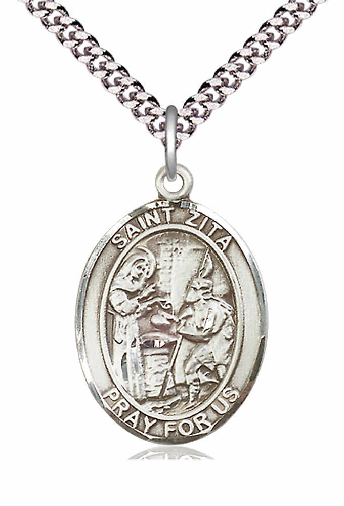 Men's Pewter Oval St. Zita Medal - 24&quot; 2.4mm Rhodium Plate Chain + Clasp