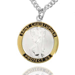 Men's Round Two-Tone Sterling Silver Saint Christopher Medal - 24&quot; 2.4mm Rhodium Plate Chain + Clasp