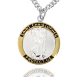 Men's Round Two-Tone Sterling Silver Saint Christopher Medal - 24&quot; 2.4mm Rhodium Plate Chain + Clasp
