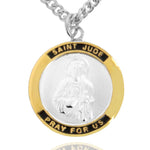 Men's Round Two-Tone Sterling Silver Saint Jude Medal - 24&quot; 2.4mm Rhodium Plate Chain + Clasp