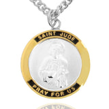 Men's Round Two-Tone Sterling Silver Saint Jude Medal - 24&quot; 2.4mm Rhodium Plate Chain + Clasp