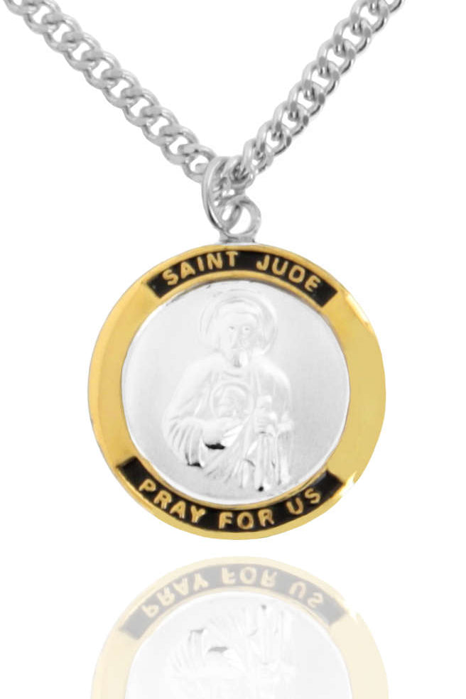 Men's Round Two-Tone Sterling Silver Saint Jude Medal - 24&quot; 2.4mm Rhodium Plate Chain + Clasp
