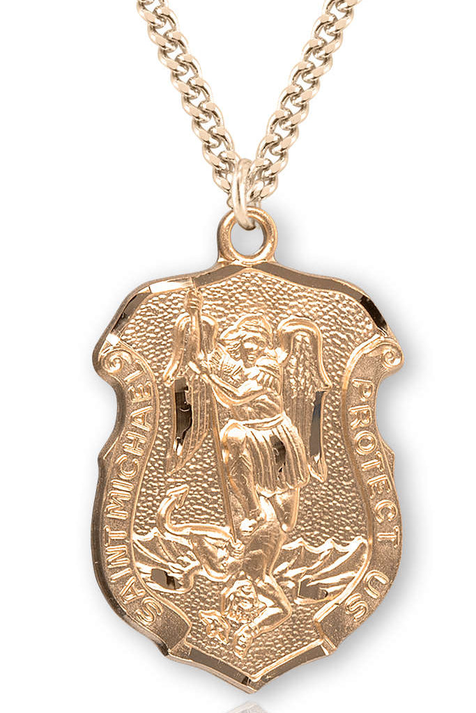 Men's Saint Michael Gold Plated Police Shield Necklace - 24&quot; 2.4mm Gold Plated Chain + Clasp