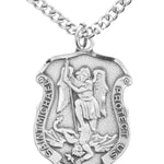 Men's Saint Michael Sterling Silver Police Shield Necklace with Chain Options - 24&quot; Sterling Silver Chain + Clasp