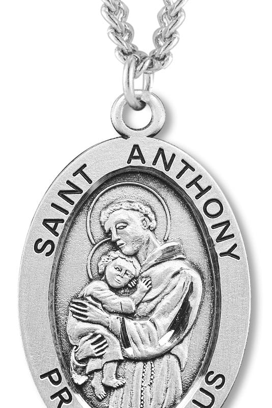 Men's Sterling Silver Oval Saint Anthony Necklace with Chain Options