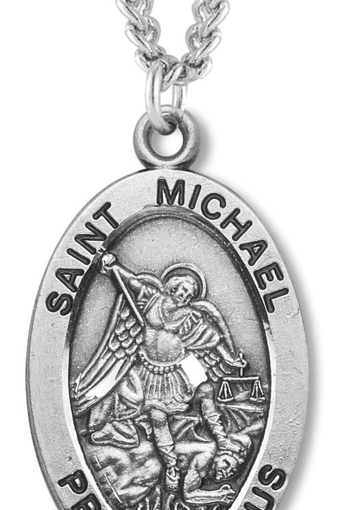 Men's Sterling Silver Oval St. Michael Necklace with Chain Options - 24&quot; Sterling Silver Chain + Clasp