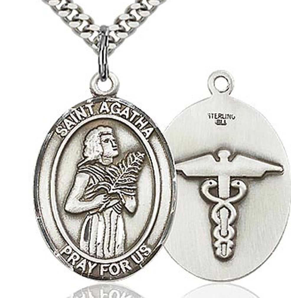 Men's Sterling Silver Saint Agatha Oval Medal with Caduceus