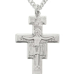Men's Sterling Silver San Damiano Crucifix - 24&quot; 2.4mm Rhodium Plate Chain + Clasp