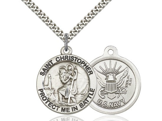 Men's Sterling Silver St Christopher Navy Pendant