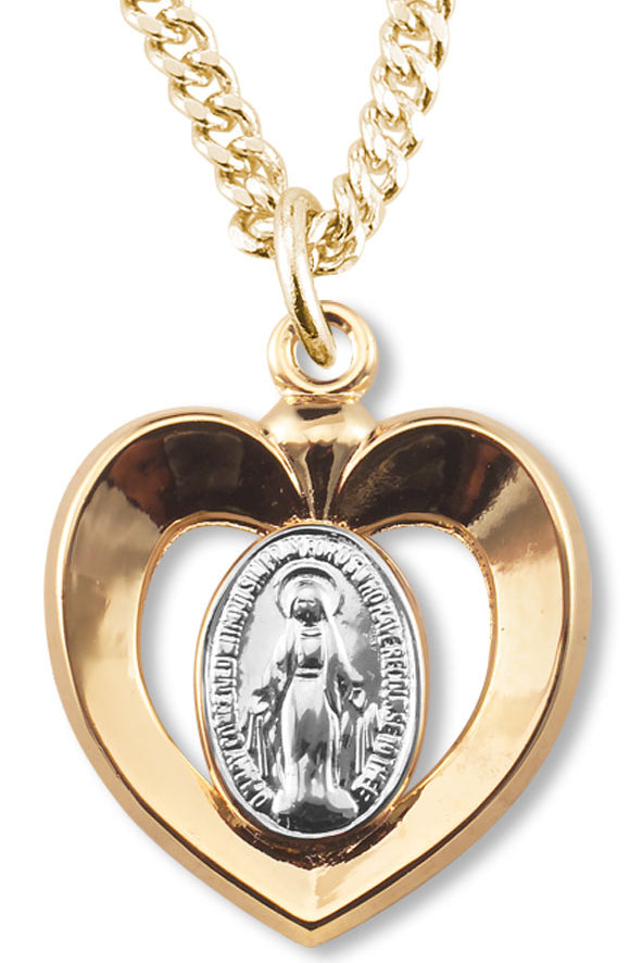 Women's 14kt Gold Plated Two Tone Cut Out Heart Miraculous Necklace + 18 Inch Gold Plated Chain &amp; Clasp - Two-Tone
