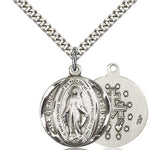 Miraculous Medal, Sterling Silver - 24&quot; 2.4mm Rhodium Plate Chain + Clasp