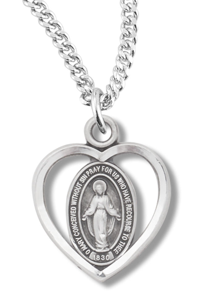 Girl's Sterling Silver Miraculous Necklace Pierced Heart with Chain - Sterling Silver
