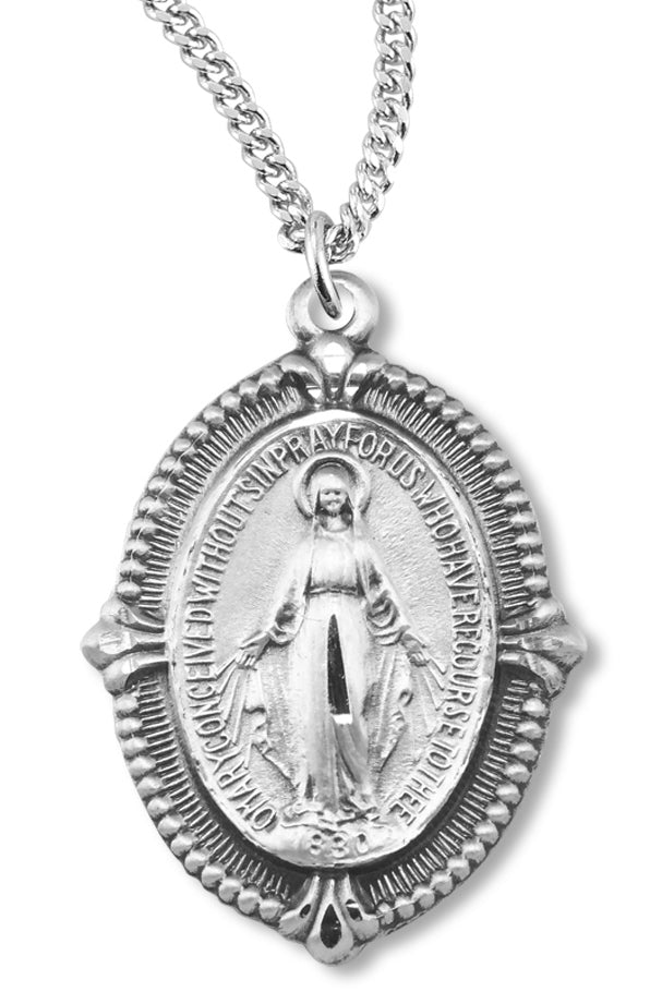 Women's Sterling Silver Oval Miraculous Necklace Beaded Border with Chain Options - 18&quot; 1.8mm Sterling Silver Chain + Clasp