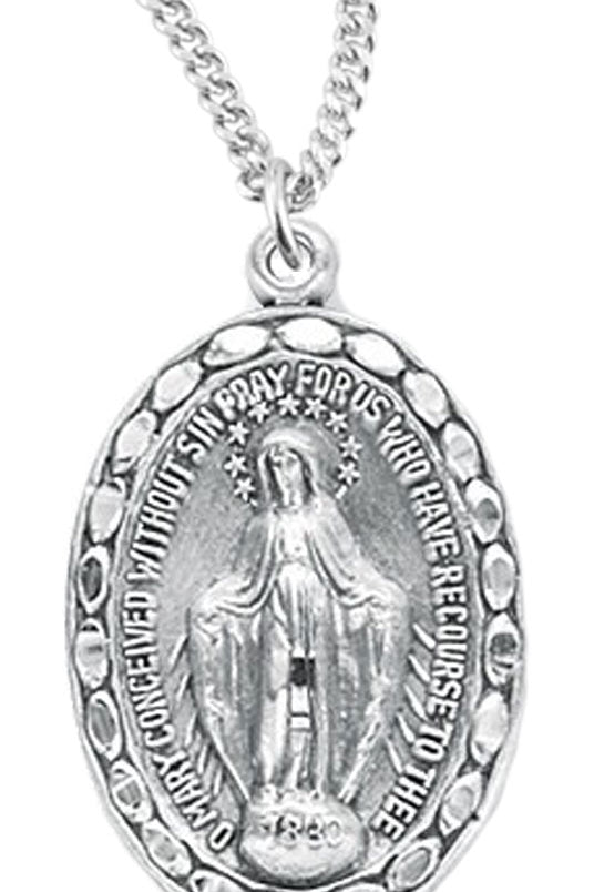 Women's Sterling Silver Miraculous Necklace with Beaded Border with Chain Options - 18&quot; 1.8mm Sterling Silver Chain + Clasp