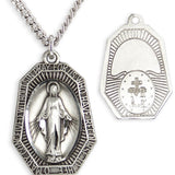 Men's Sterling Silver Miraculous Necklace Octagonal Shape with Chain Options - 24&quot; Sterling Silver Chain + Clasp