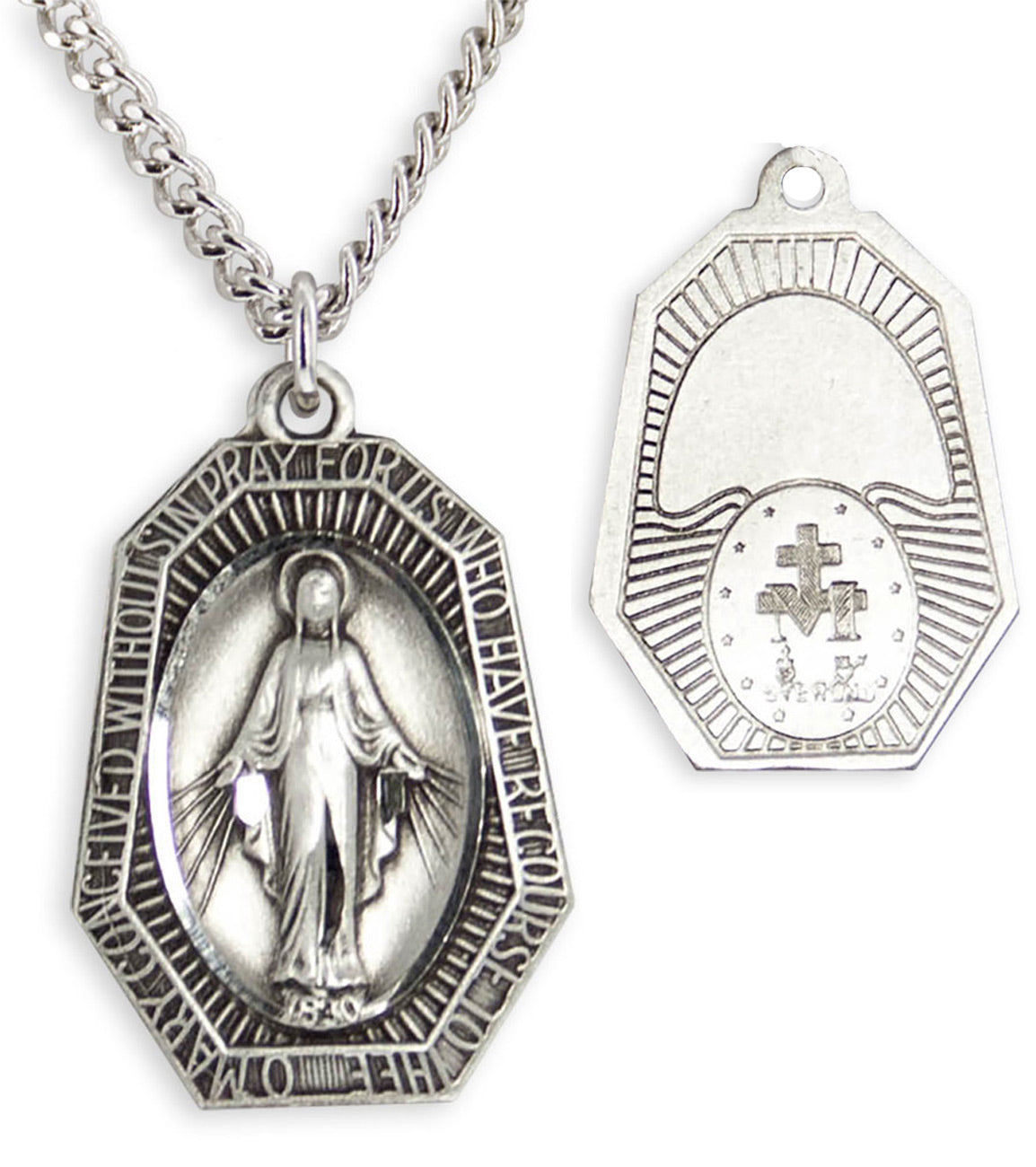 Men's Sterling Silver Miraculous Necklace Octagonal Shape with Chain Options - 24&quot; Sterling Silver Chain + Clasp