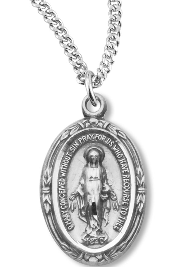 Petite Women' Sterling Silver Oval Leaf Edge Border Miraculous Necklace with Chain Options - 18&quot; 1.8mm Sterling Silver Chain + Clasp